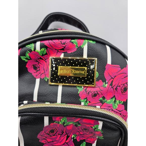 Betsey Johnson Women's Backpack‎ Purse Black Stripe Pink Floral Pockets - Picture 5 of 12